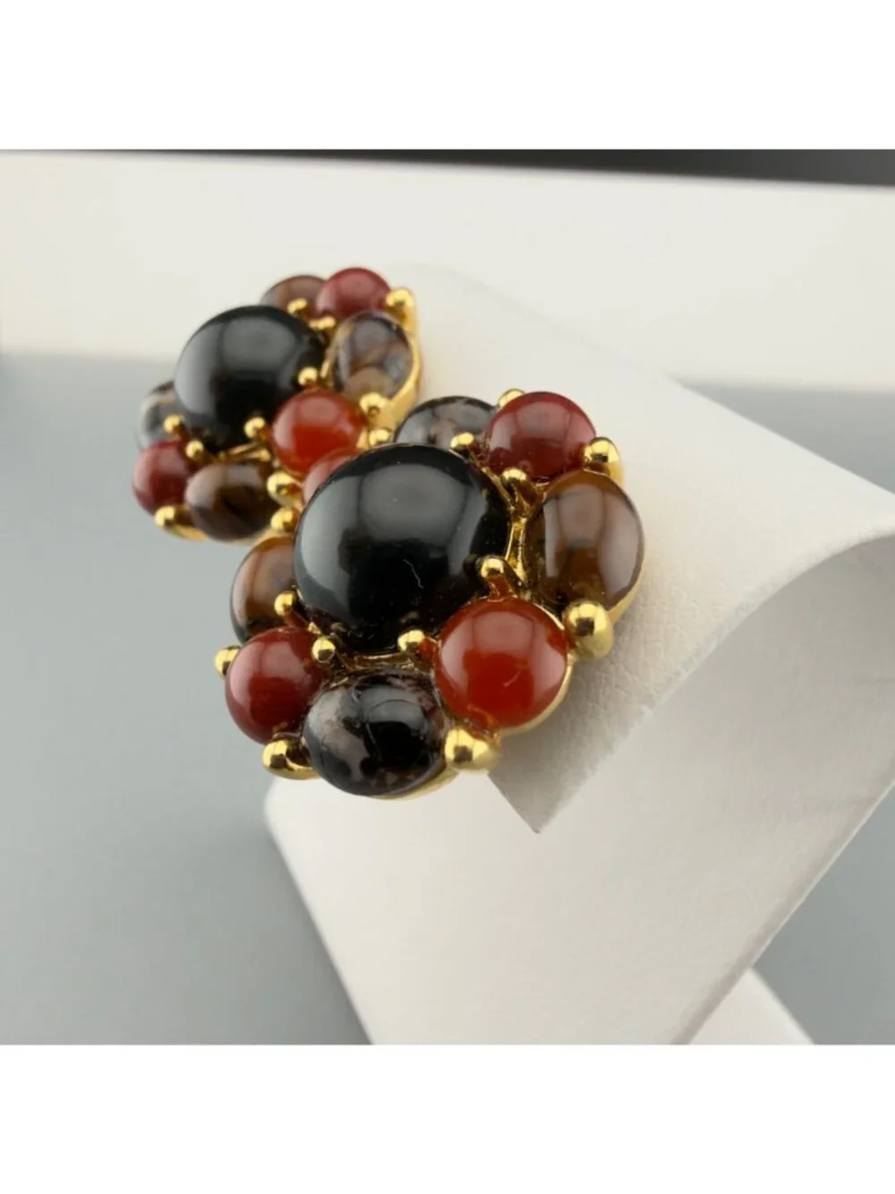 Vintage Monet Clip On Earrings Gold Tone Black Cabochon Cluster Fall Autumn